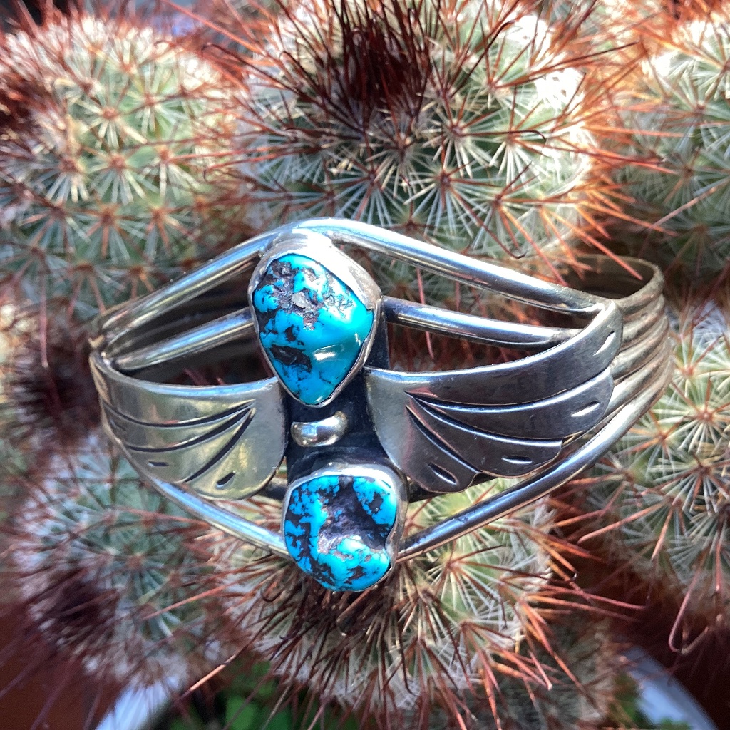 Traditional Unsigned Native American Sterling Silver Turquoise Two Stone Cuff